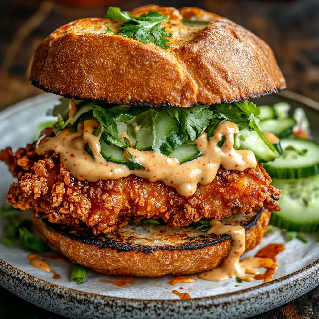 Crispy Bang Bang Chicken Sandwich with Cucumber Salad